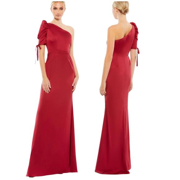 Mac Duggal NWT One Shoulder Tie Puff Sleeve Satin Trumpet Gown Deep Red Size 6 - Picture 1 of 9